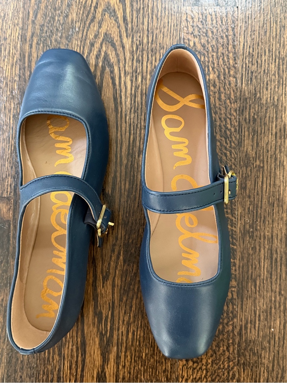 Sam Edelman Michaela Deep Navy Mary Jane Flats with Gold Buckle. - Picture 2 of 6